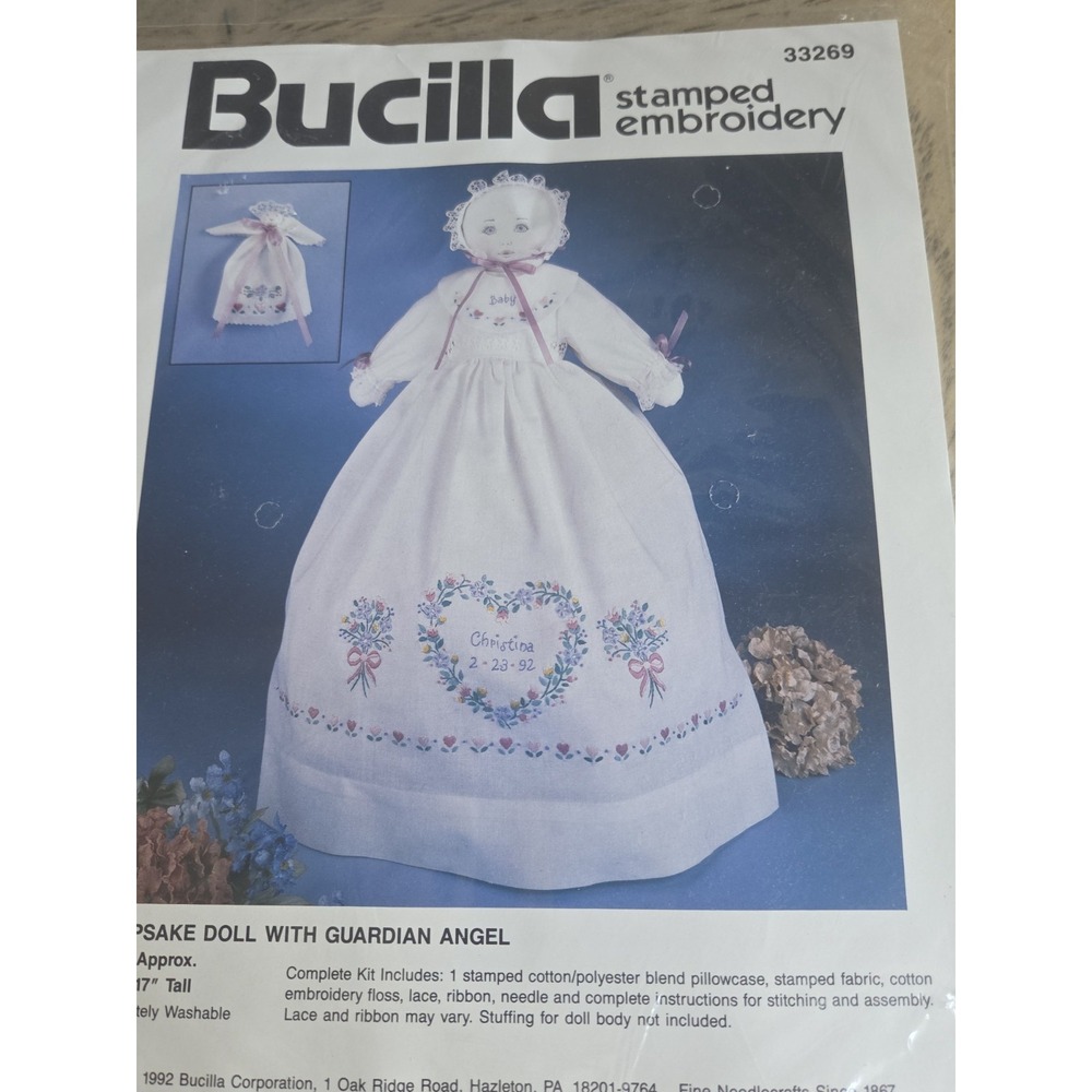 Vintage Bucilla Stamped Embroidery KEEPSAKE DOLL w/ GUARDIAN ANGEL Kit #33269